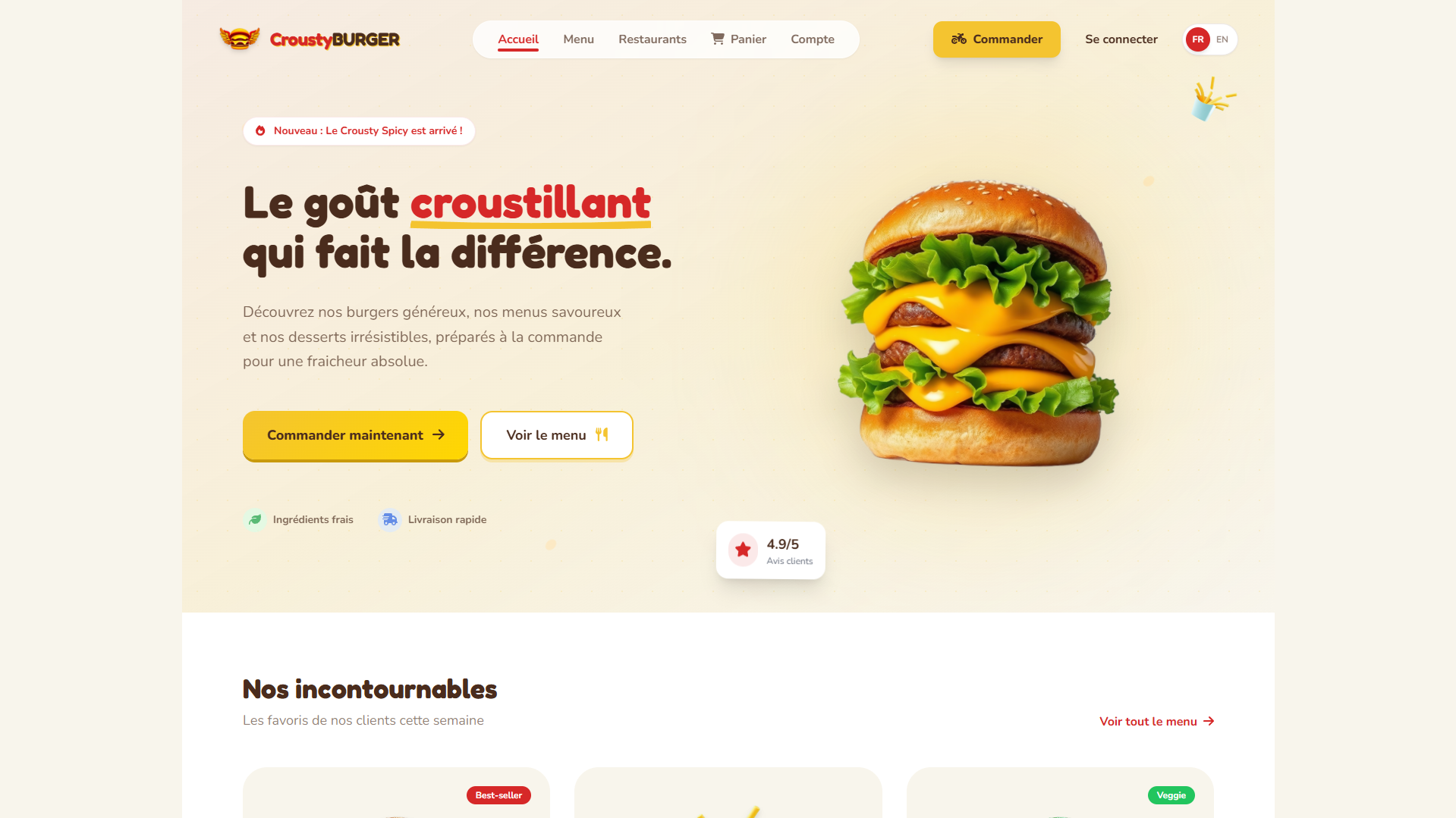 Aperçu du projet CroustyBurger – Réalisation d'un site web pour un fast food nommé CroustyBurger, système de commande, compte client.